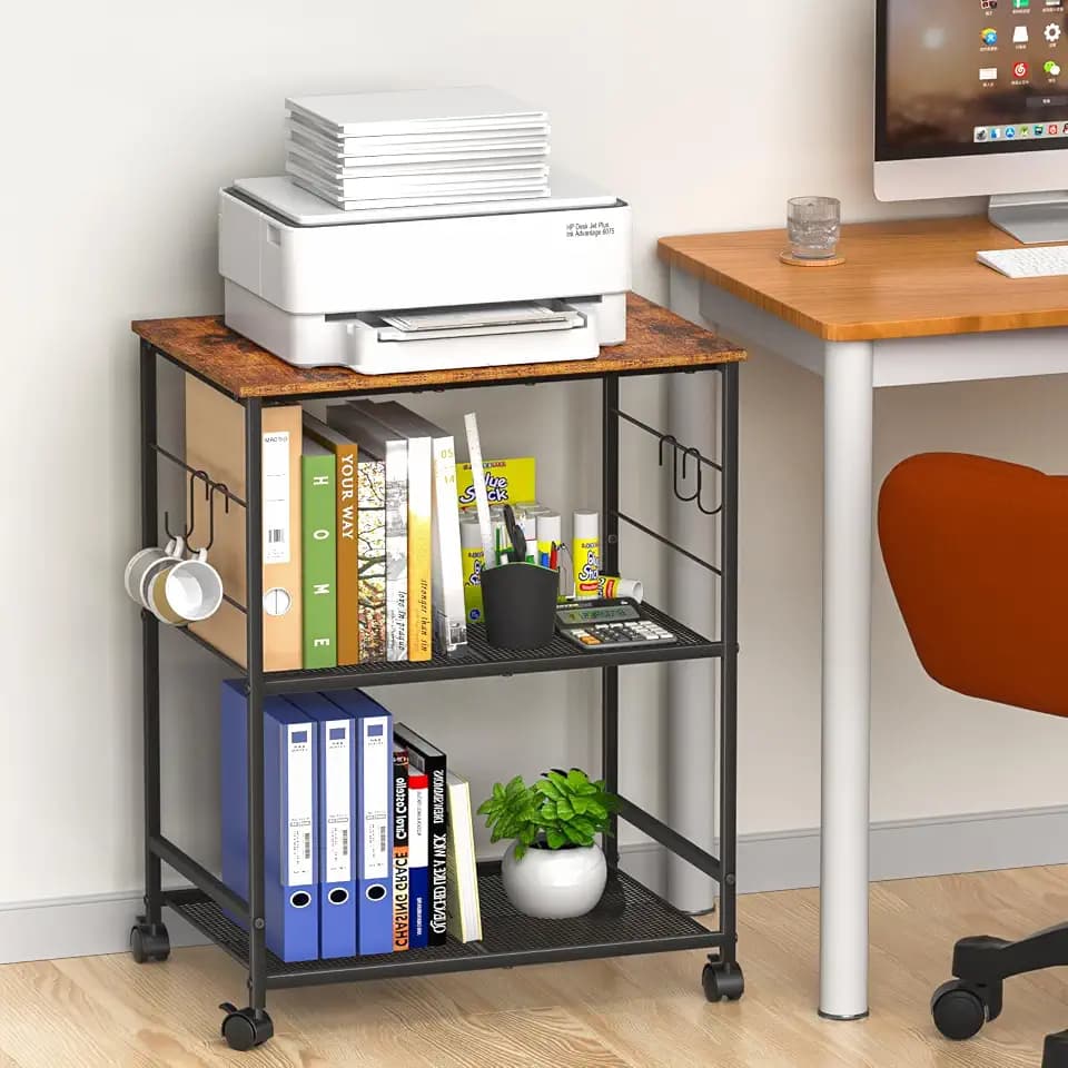 ThreeHio Printer Stand, 3Tier Printer Table with Wheels, Printer Cart with Storage Shelf, Printer Desk for Home Office Fax Machine Scanner, Rolling Cart for Kitchen, Laundry, Balcony, Living Room