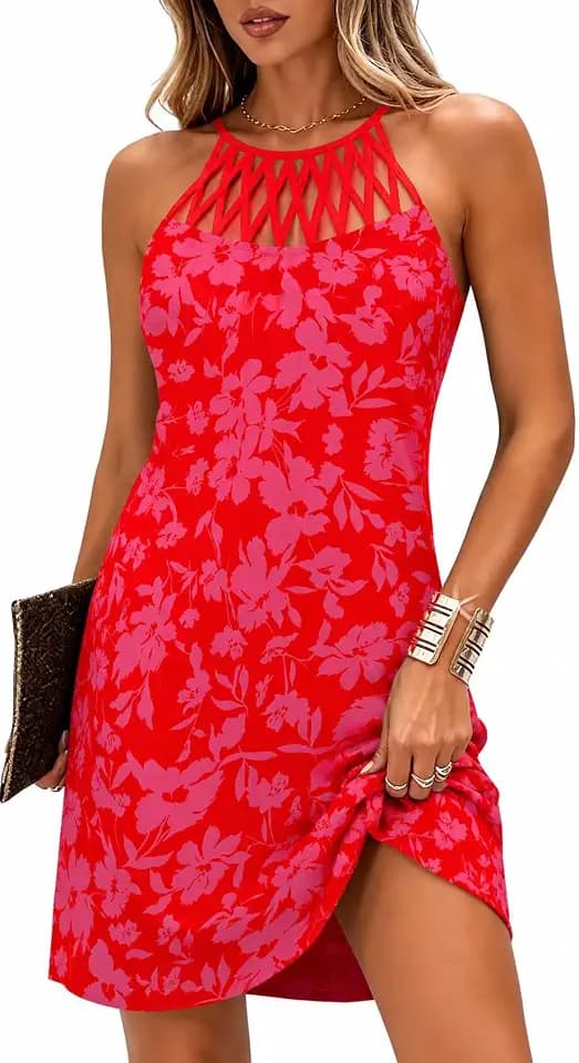 BIRW Summer Dresses for Women 2026 Casual Floral Halter Neck A-line Beach Vacation Sundresses