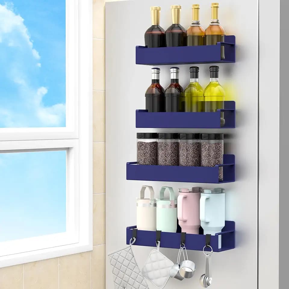 HuggieGems 4 Pack Dark Blue Magnetic Spice Rack Organizer for Refrigerator