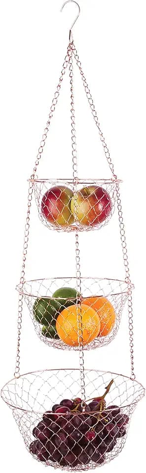Fox Run 3-Tier Copper Kitchen Hanging Fruit Baskets For Kitchen, 32 Inches