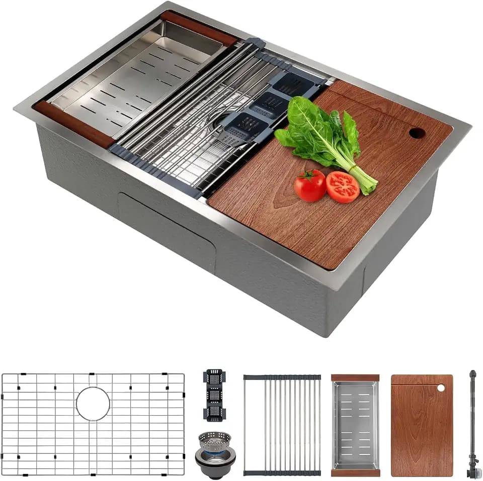 SANYCASA 30 Inch Undermount Kitchen Sink Superior Drain Kitchen Sinks 11 Gauge (3mm) Stainless Steel, Single Bowl Integrated Ledge Multifunctional Workstation Set -