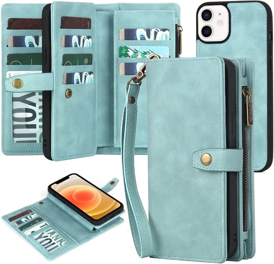 TwoHead for iPhone 12/12 Pro Wallet Case with 11 Card Holders,Blue