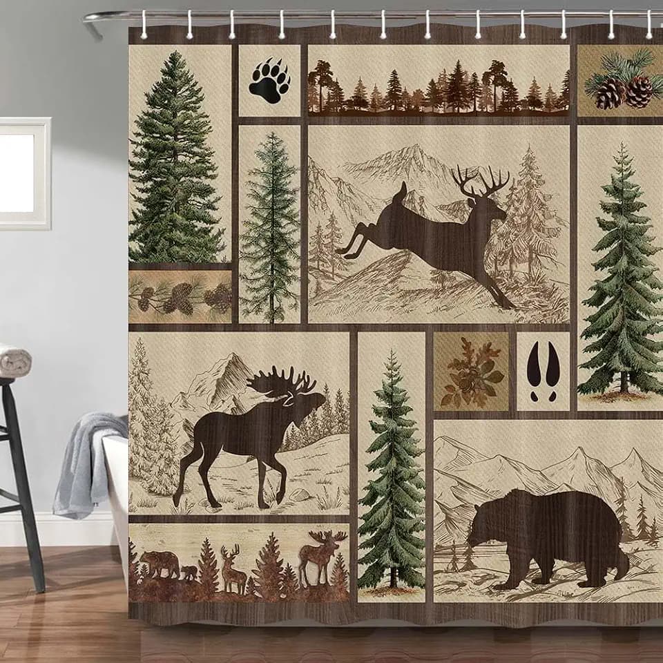 Torich Rustic Cabin Shower Curtain for Bathroom, Forest Bear Deer Wildlife Country Bath Curtains, Hunting Camping Waterproof Fabric Bathroom Accessories Set, 60x70inch with Hooks