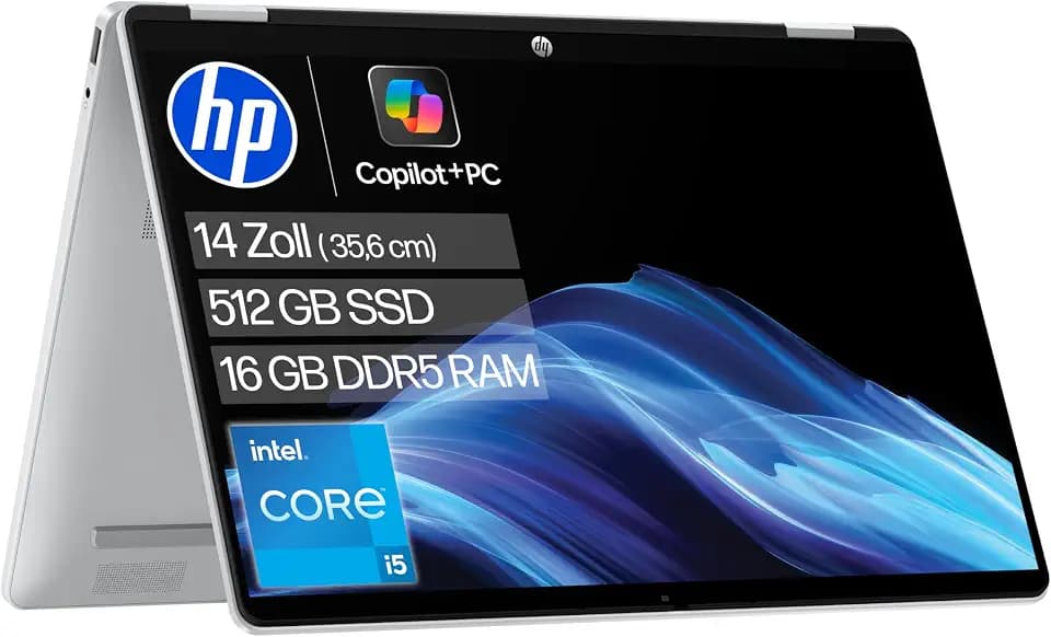 HP OmniBook 5 Flip 14-fp0254ng 2 in 1 Convertible Laptop, 14 Zoll 2K-Touchscreen (1920 x 1200), Intel Core i5-1334U, 16 GB RAM, 512 GB SSD, QWERTZ, Windows 11 Home, Silber