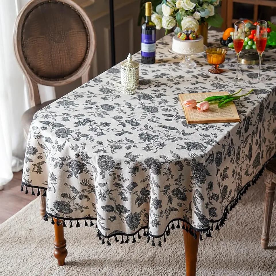 SUTAVIA Tablecloth 52"x70" Oval Black Tassel Beige Cotton Linen Fabric