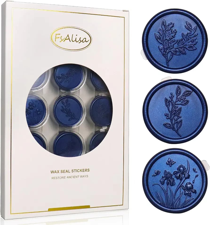 fsalisa Plant Wax Seal Stickers 60pcs Wedding Invitation Envelope, Self Adhesive Seal Stickers for Christmas Invitations Cards Gift Wrapping Wine Packages (Plant Set#-Royal Blue)