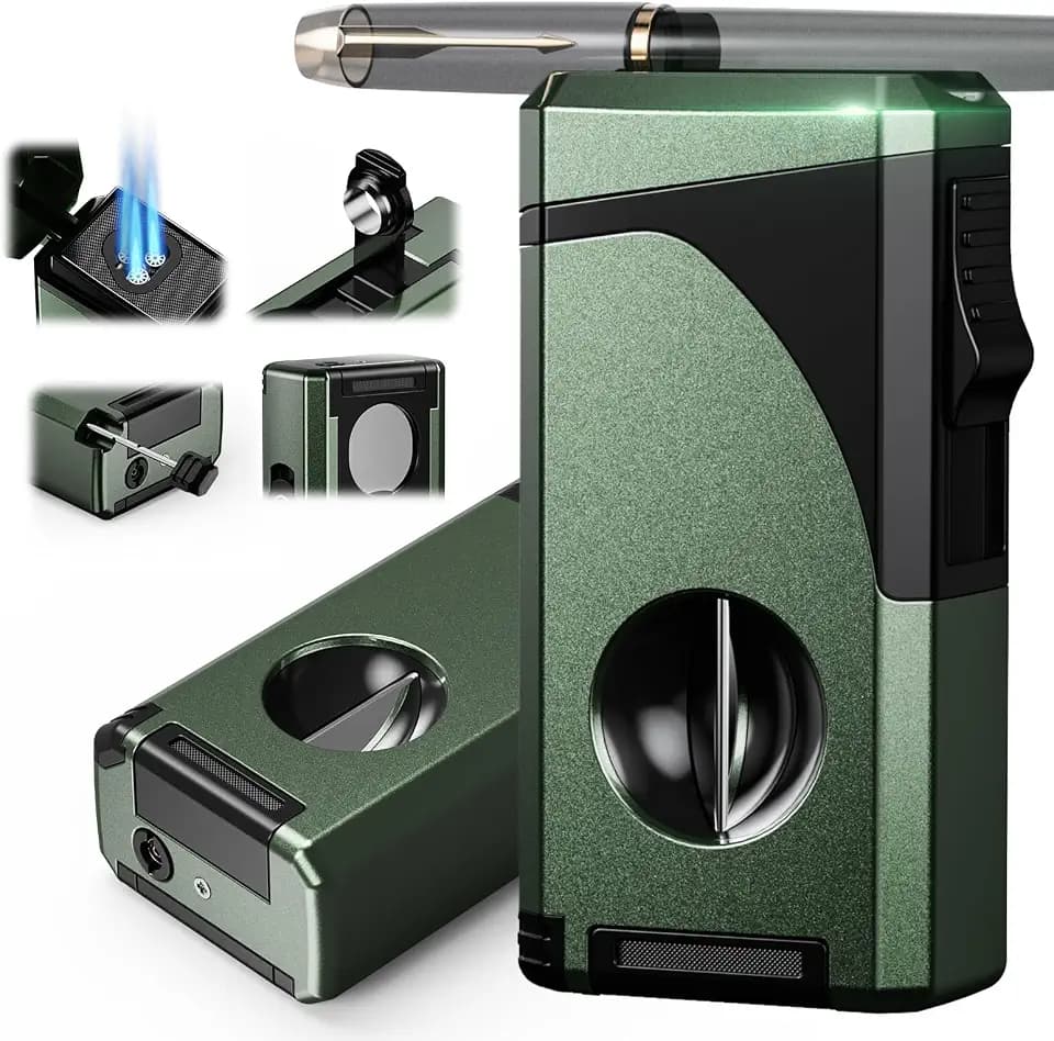 6-in-1 Triple Torch Lighter, with Holder, Punch, Straight & V Cutter, Draw Enhancer Tool, Included Gift Box for Men, Outdoor Multifunctional Accessories, Windproof Refillable Butane Lighter for Travel
