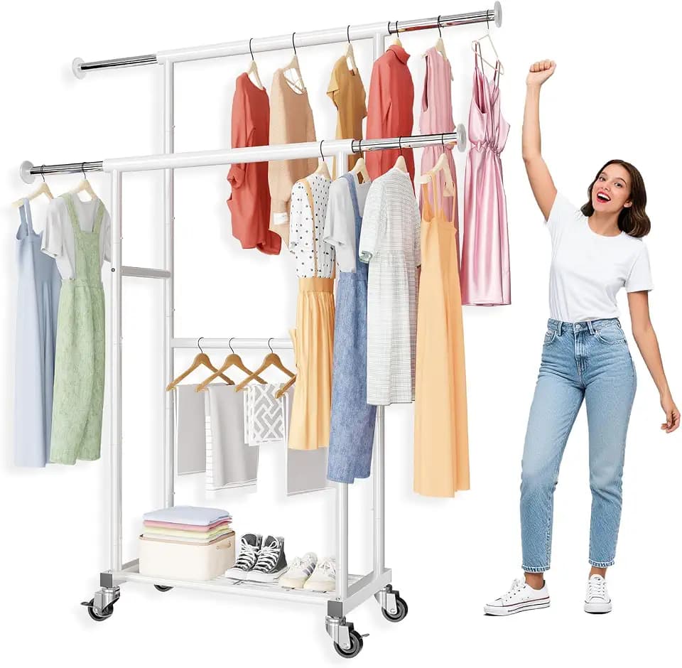 SUFAUY Commercial 80" H Clothes Rack for Hanging Dresses, Extend 50“L Double Rolling Garment Rack on Lockable wheels with Adjustable Rod and Storage Shelves, Load 350 LBS, White