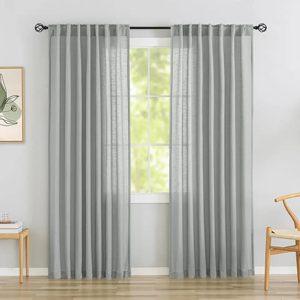 92 Inch Neutral Linen Back Tab & Rod Pocket Semi Sheer Privacy Bedroom Window Curtains, 2 Panels Burlap Rustic Modern Farm Boho Light Filtering Linen Curtains, 52" x 92", Light Grey