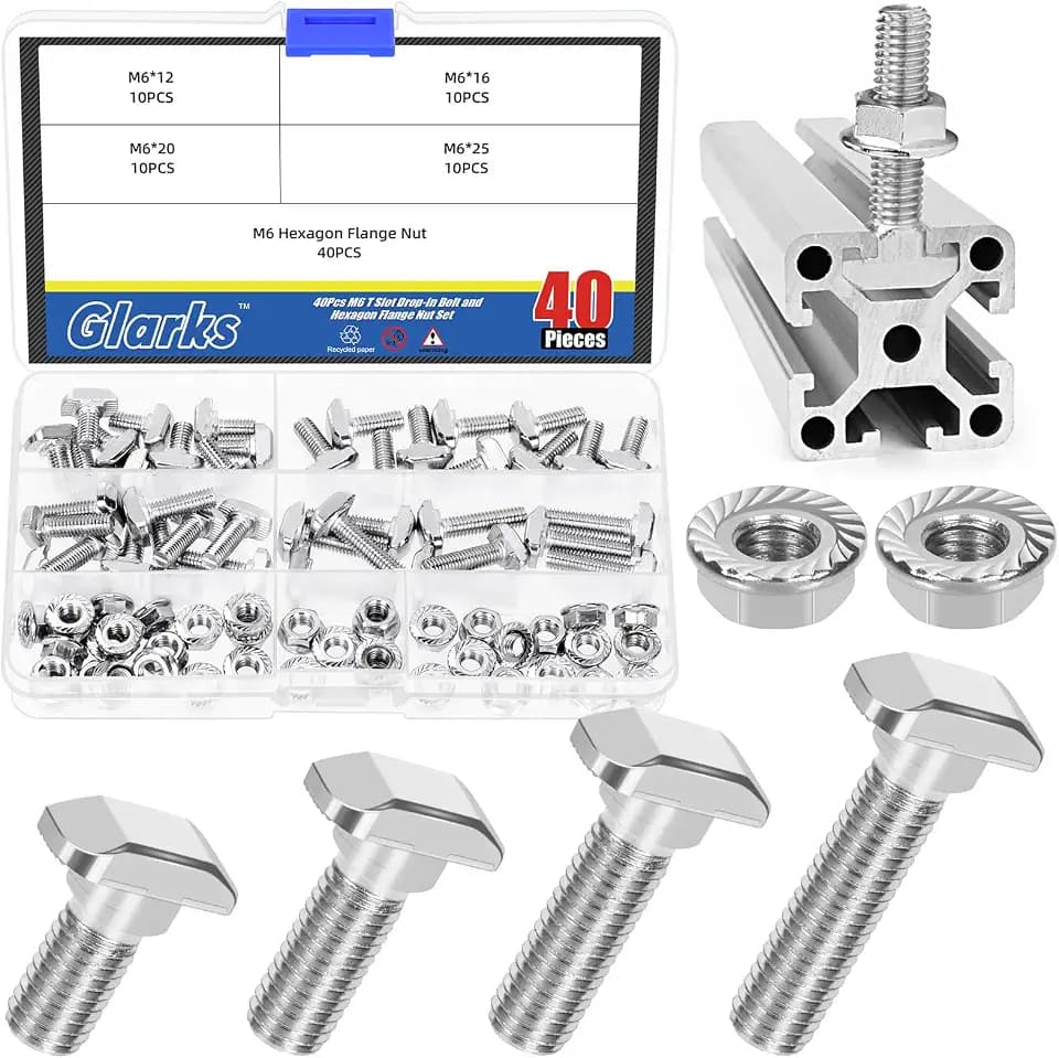 Glarks 80pcs M6 T Slot Drop-in Bolt with Hexagon Flange Nut Set, 12/16/20/25MM Hammer Head T-Bolt, T Shape Stud Sliding Screw, T Screw Stud for European Standard 30 Series Aluminum Profile