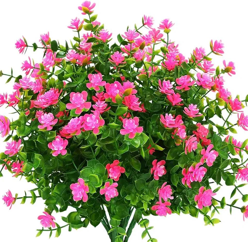 8 Bundles Outdoor Artificial Fake Flowers UV Resistant No Fade Boxwood Faux Plastic Plants for Garden Patio Porch Window Box Home Wedding Farmhouse Décor (Pink)