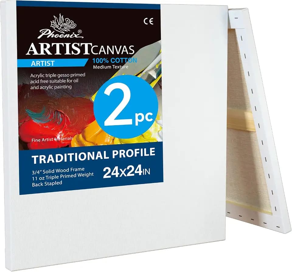 PHOENIX 24x24 Inch 2 Pack Square Artist Canvas for Painting