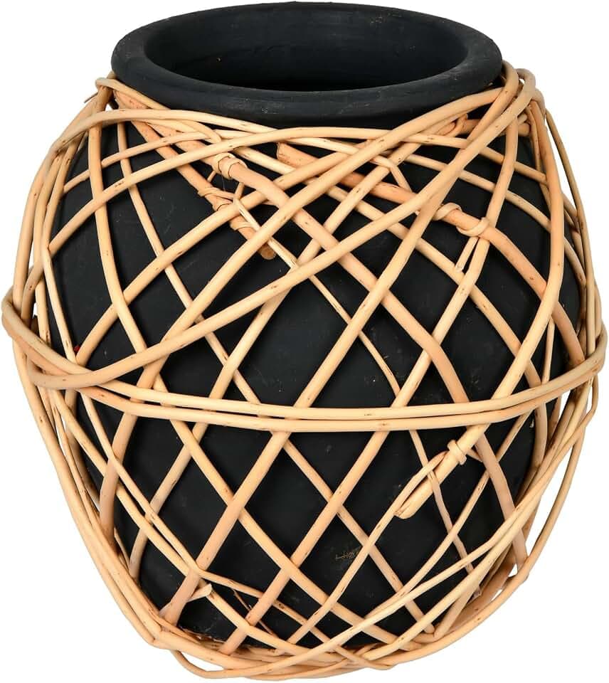 Vickerman 9" Charcoal Terracotta Vase with Wicker. This vase Measures 9 inches Tall by 9 inches Wide. Pair This vase with Your Favorite Faux Greenery for a Finished Look. 80% Terracotta, 20% Willow