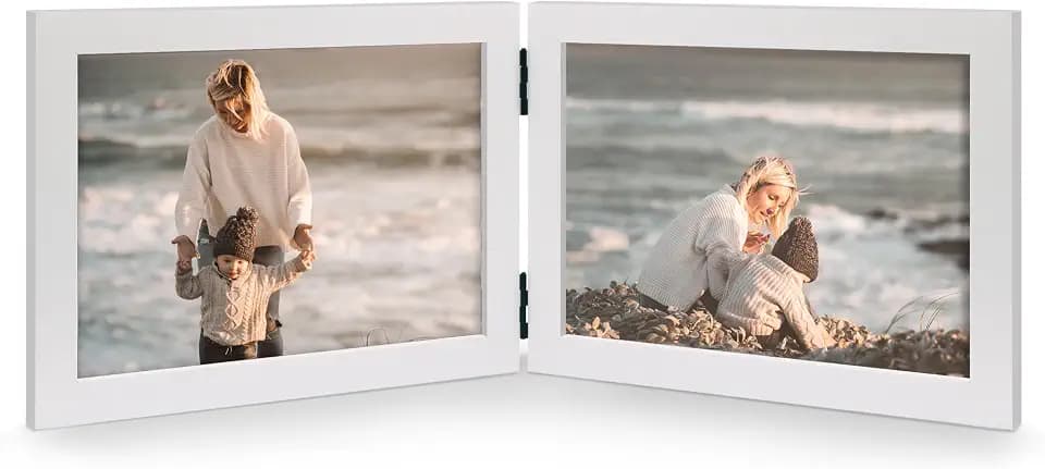 Double 5x7 Horizontal Picture Frame, White Clean-Lined Wood