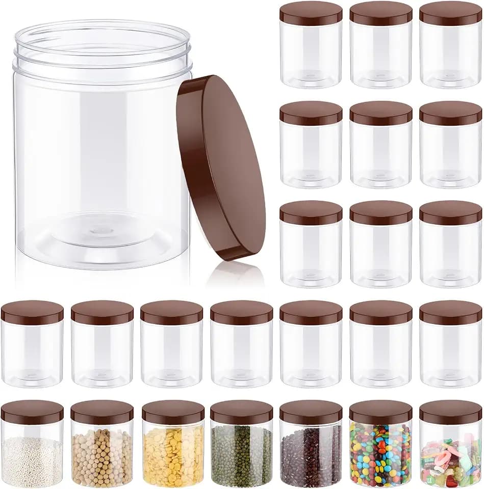 Irenare 24 Pcs 16oz Plastic Jars with Lids, Clear Wide Mouth Airtight Mason Jars Food Storage Containers for Cake, Dried Fruit, Honey, Nuts, Scrubs Cream, Kitchen & Craft(Brown Lids)