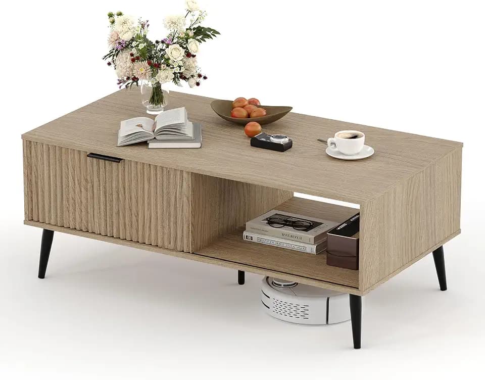 Coffee Table with Storage, Wooden Coffee Tables with Sliding Door and Solid Wood Legs, 2-Tier Cocktail Table, Mid Century Modern Coffee Table for Living Room, Home Office, Farmhouse, Natural