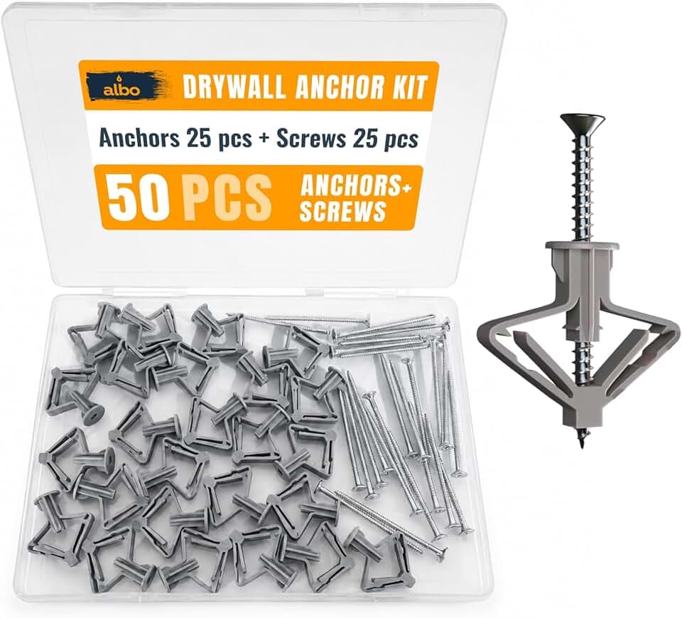 ALBO 50 Pcs. Plastic Butterfly Drywall Anchors and Screws Kit, Gray