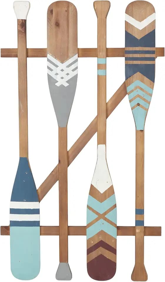 Deco 79 Wood Paddle Home Wall Decor Novelty Canoe Oar Wall Sculpture with Arrow and Stripe Patterns, Wall Art 21" x 2" x 36", Brown