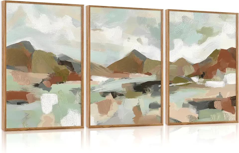 CHDITB Abstract Wall Art, Neutral Pastel Illustration Framed Canvas Poster, Modern Artwork For Walls, Minimalist Wall Art 3 Pieces, Mountain Painting For Living Room Bedroom Dining Room Decor 12X16