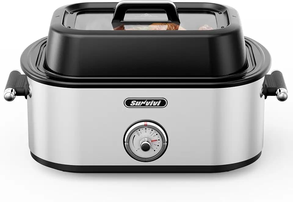 Sunvivi Electric Roaster Oven with Extra Large Visible Glass Lid, Upgraded 28QT Turkey Roaster with Self-Basting Lid, Defrost & Warm Function, Removable Pan & Rack, 150-450°F Adjustable Temp