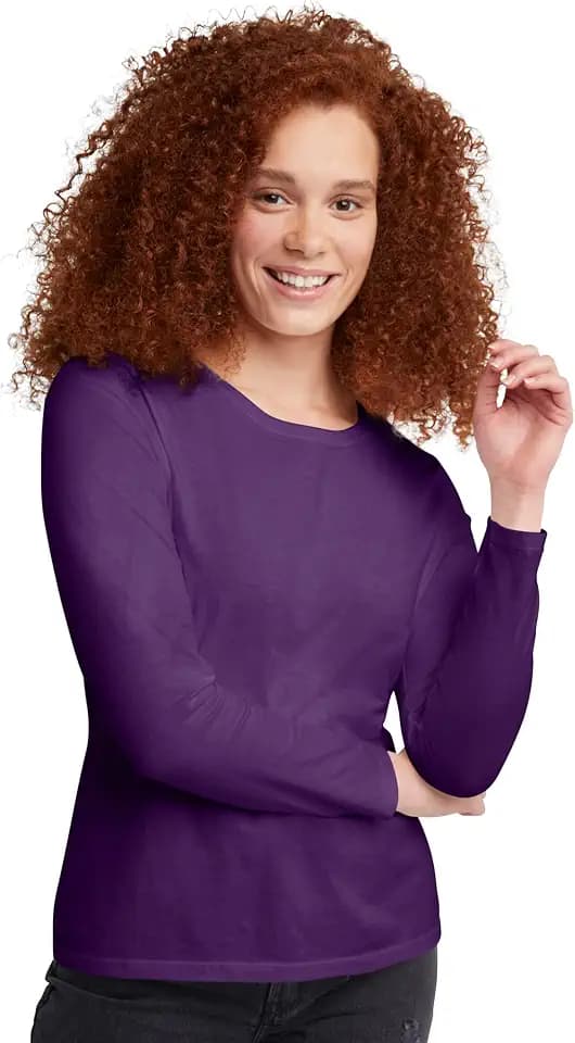 Hanes Women's Long Sleeve Cotton T-Shirt, Lightweight Crewneck and V-Neck Tee for Women, Modern Fit