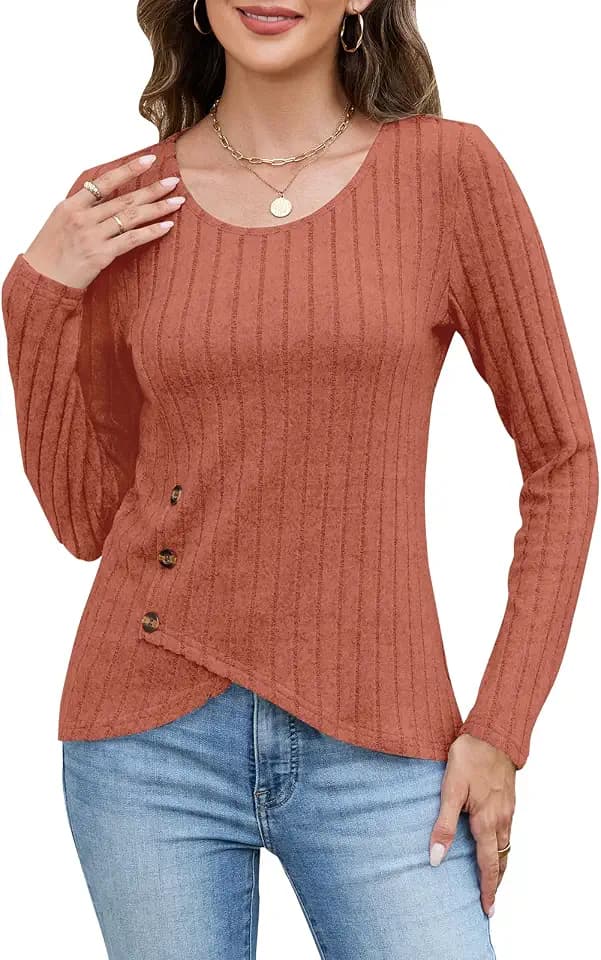 Sweaters for Women Fashion Long Sleeve Tops Button Pullover Crew Neck Casual Loose Slit Sweatshirt