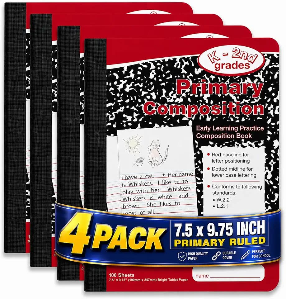 1InTheOffice Primary Composition Notebook K-2, Primary Journal, Kindergarten Notebook, 7.5" x 9.75", 100/Sheets, Red/Black Marble, 4 Pack