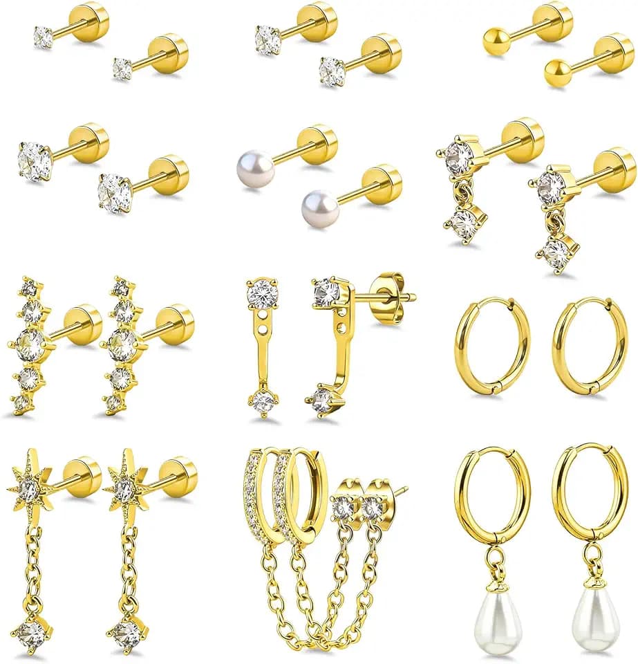 CLESIA 12 Pairs Flat Back Earrings for Women, 20G Hypoallergenic Earrings