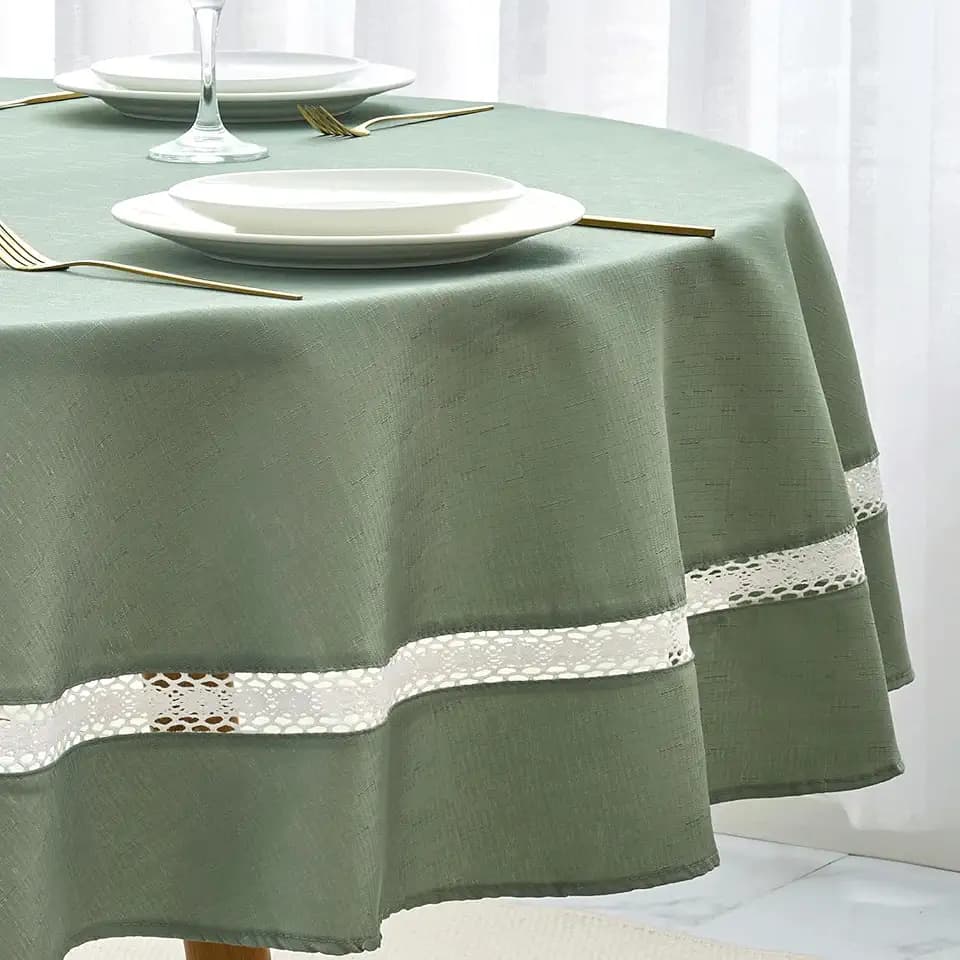 EHouseHome Heavy Duty Fabric Tablecloth with White Lace-Waterproof/Wrinkle Free/Stain Resistant/Oil Proof-for Dining,Indoor&Outdoor,Wedding,Holiday,Sage Green,Round 70Inch