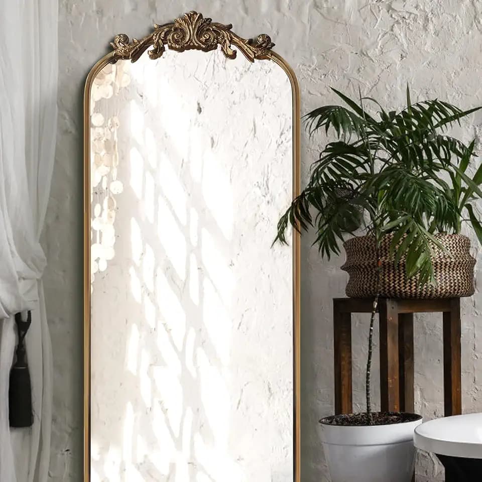 OUSHUAI Large Gold Antique Mirror, Tall Arched Floor Mirror,Ornate Design Vintage Wall Mirror Decor for Entryway,Hallway,Living Room,Fireplace 18"X53"
