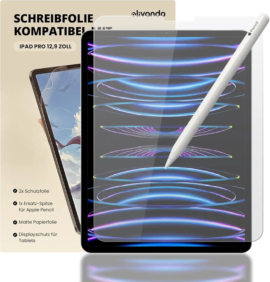 2x Schutzfolie, Schreibfolie Kompatibel mit iPad Air 10,9 Zoll, iPad Pro 12,9 Zoll, 1x Ersatz Spitze für Apple Pencil, Matte Papierfolie, Displayschutz für Tablets (12,9 Zoll)