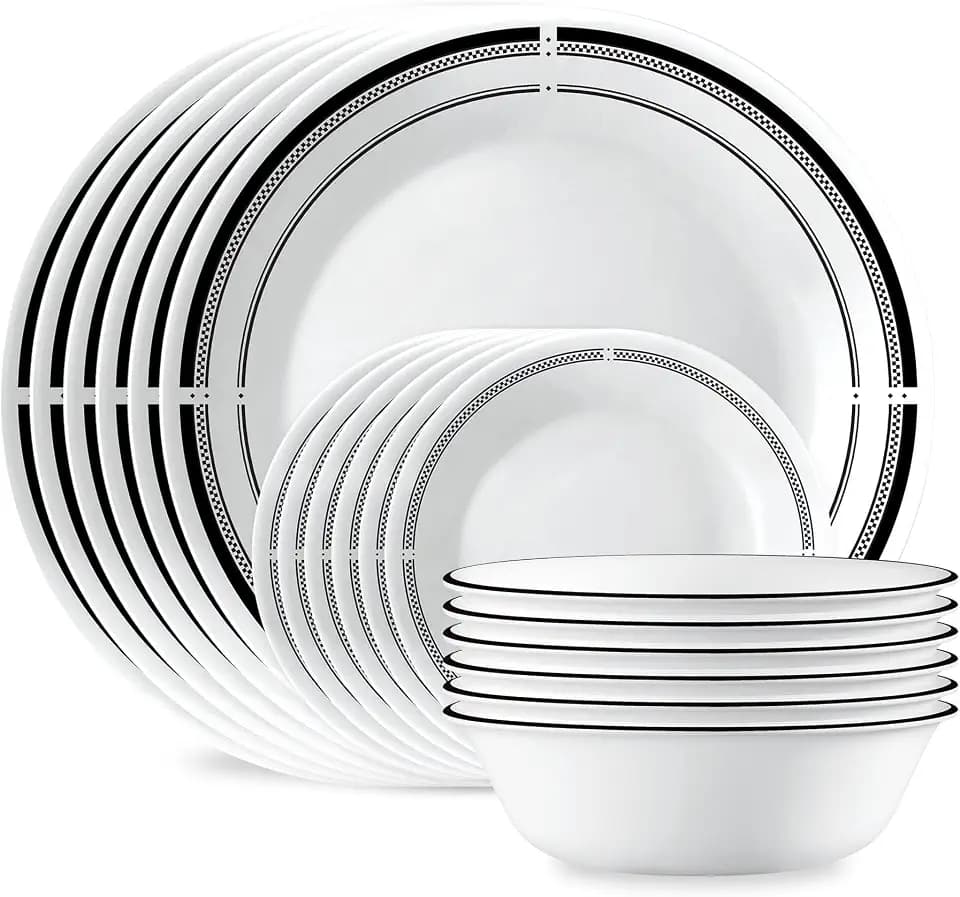 Corelle 18-Piece Round Dinnerware Set Service for 6, Lightweight Round Plates and Bowls Set, Vitrelle Triple Layer Glass, Chip and Scratch Resistant, Microwave and Dishwasher Safe, Brasserie