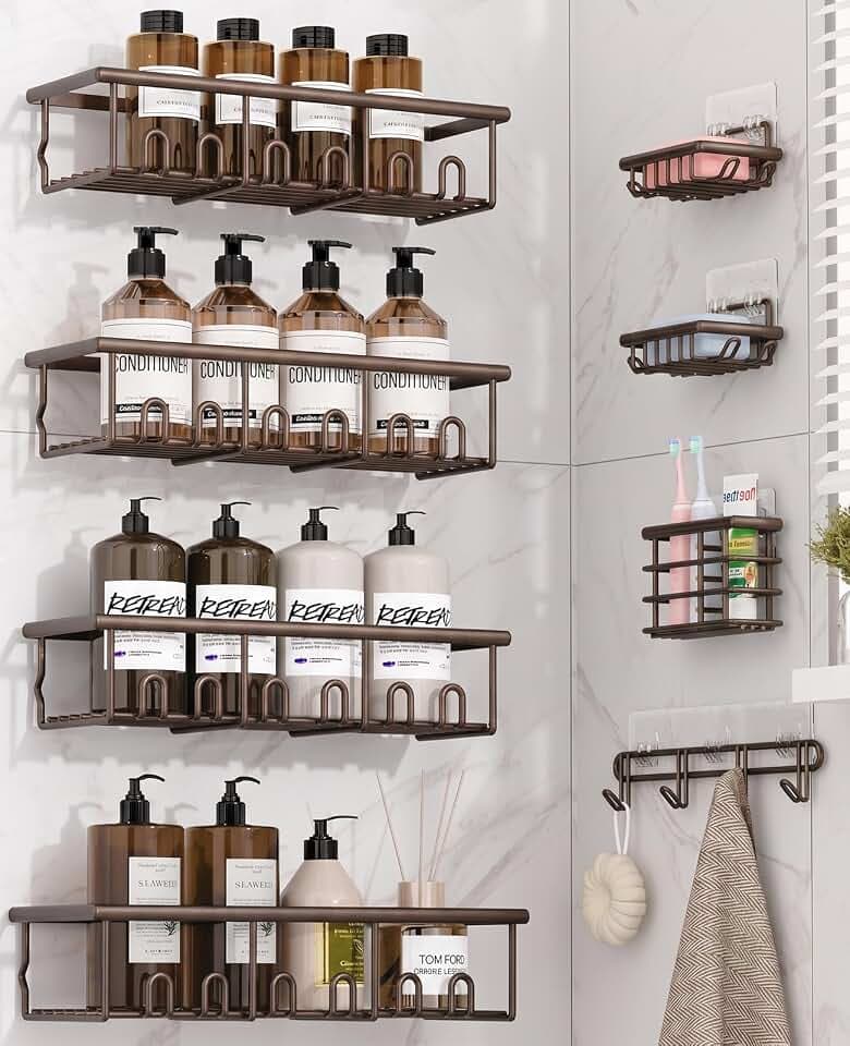 8 Pack Adhesive Bathroom Holders & Dispensers for Kids & Adults, Brown