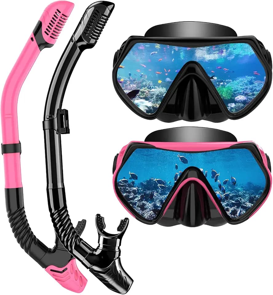 Snorkeling Gear for Adults, Snorkel Set Scuba Diving mask Dry-Top, Adult Swimming Goggles with Nose Cover, HD Tempered Glass Panoramic Anti-Leak Anti-Fog