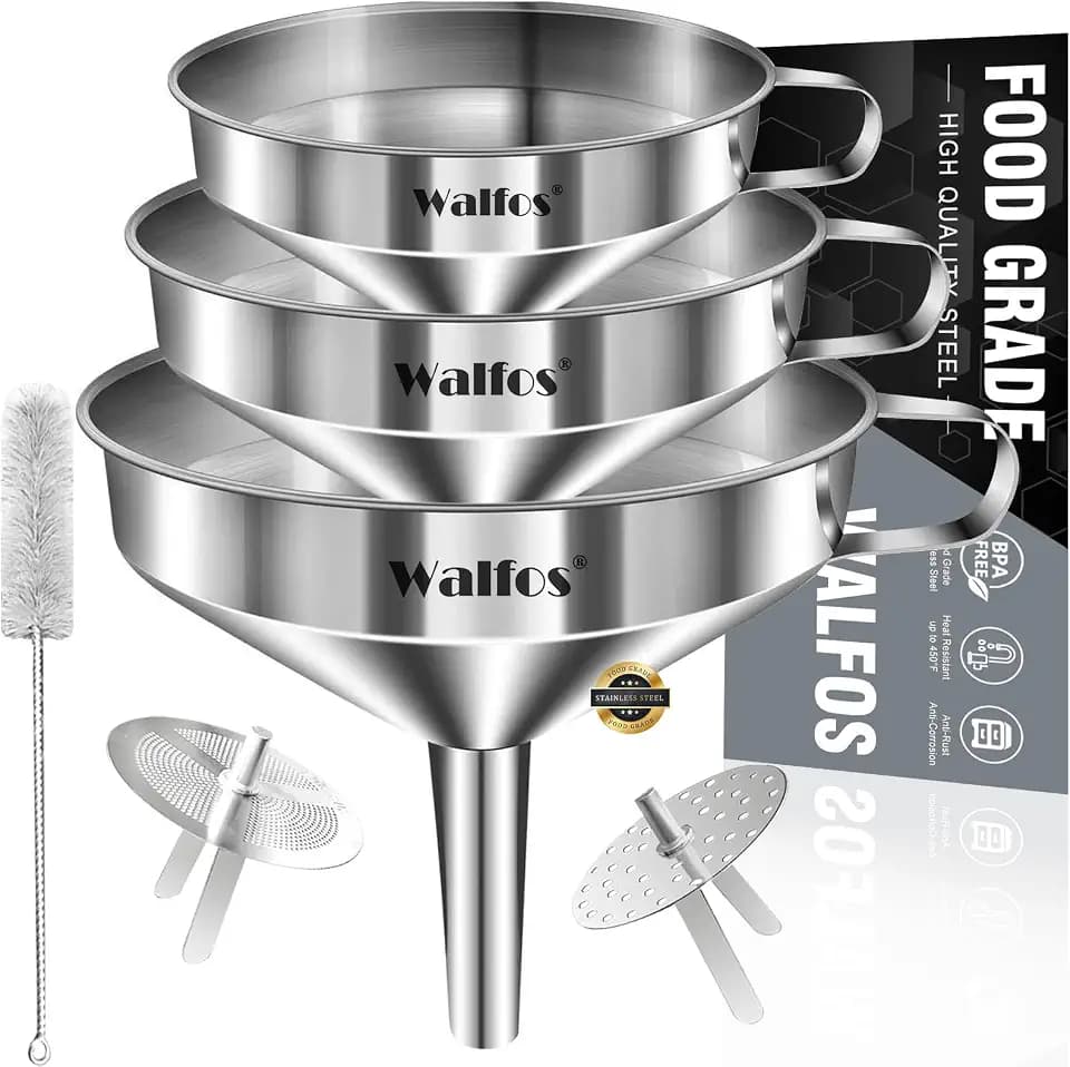Stainless Steel Funnel, Walfos 3 Pack Kitchen Funnel with 2 Removable Strainer & 1Pcs Cleaning Brush, Perfect for Transferring of Liquid, Oils, Jam, Dry Ingredients & Powder