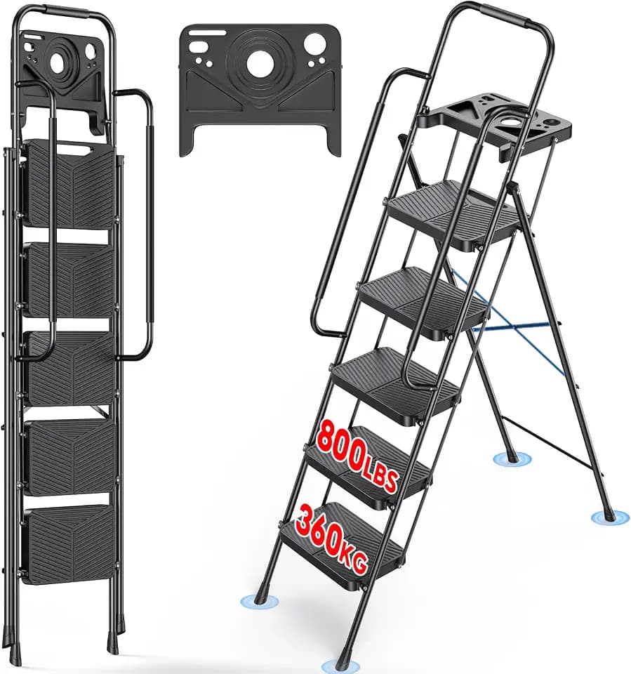 Step Ladder 5 Step, 800 lbs Capacity Step Stool, Folding 5-Step Ladder with Handrails, Tool Tray, Non-Skid Wide Steps, Portable Safety Ladder for Home Kitchen Office Painting Outdoor Garage