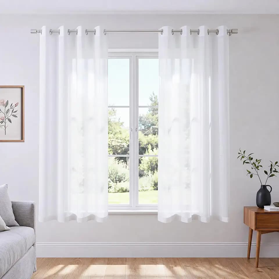 White Short Sheer Curtains 45 Inch Length for Small Windows Grommet 2 Panels Set Solid Faux Linen Gauze Voile Drapes Window Semi Sheer Curtains for Bedroom Bathroom Kids Room Kitchen Wide 52x45 Long