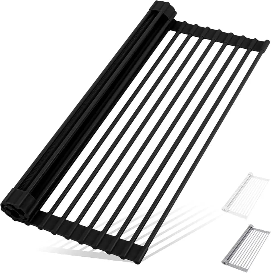 HANZENMA Roll Up Dish Drying Rack Over The Sink Kitchen Roll Up Sink Drying Rack Multipurpose Foldable Sink Drying Mat, Heat-Resistant, Anti-Slip & Anti-Rust Dish Rack for Kitchen, 20.5" x 13", Black