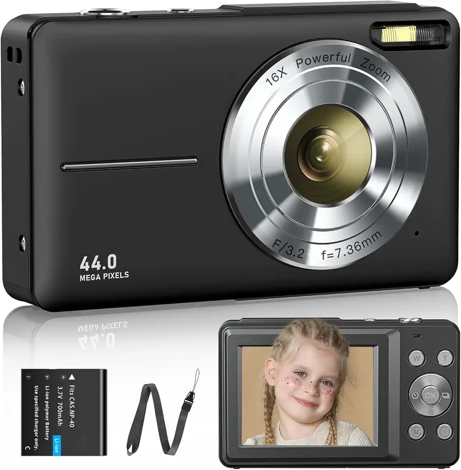 Digitalkamera Fotokamera 1080P 44MP Fotoapparat 16X Digitalzoom 1 Akkus Digitalkamera für Kinder Jugendliche Student Anfänger Schwarz