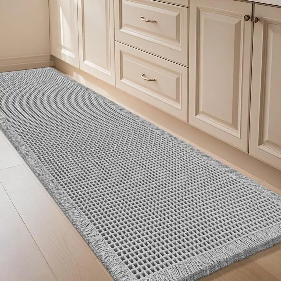 IM HOME Waffle Bath Mat Light Grey 5'x2', Boho Woven Modern Bath Mat Rugs, Absorbent Non Slip Bathroom Rugs, Soft Washable Bath Rugs with Tassels for Bathroom, Bedroom, Kitchen, Shower, Tub