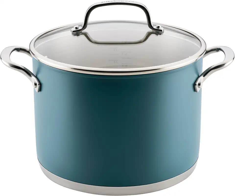 KitchenAid Color-Finished Stainless Steel 3-Ply Base Stainless Steel Stock Pot, Induction Suitable, Metal Utensil Safe, 8-Quart Stockpot with Lid - Agave Blue