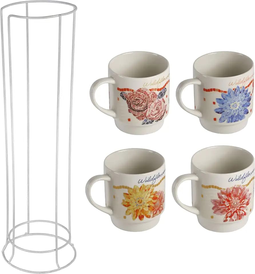 Dolly Parton Set of 4 Jeweled Mosaic Stackable Coffee Tea Porcelain Mugs with Metal Countertop Storage Rack, Mugs Microwave and Dishwasher Safe, 14 Ounce