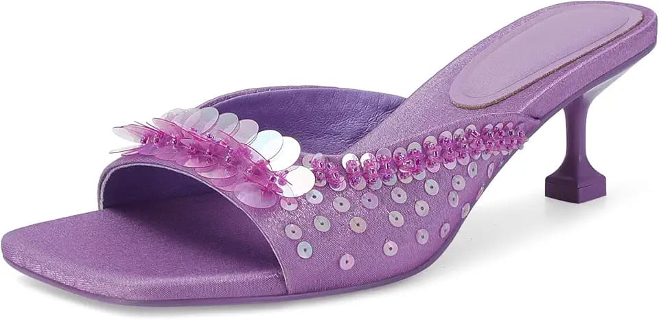 SOVANYOU Sequin Kitten Heels for Women Square Toe Heeled Mules Floral Open Toe Heeled Sandals for Casual Dress
