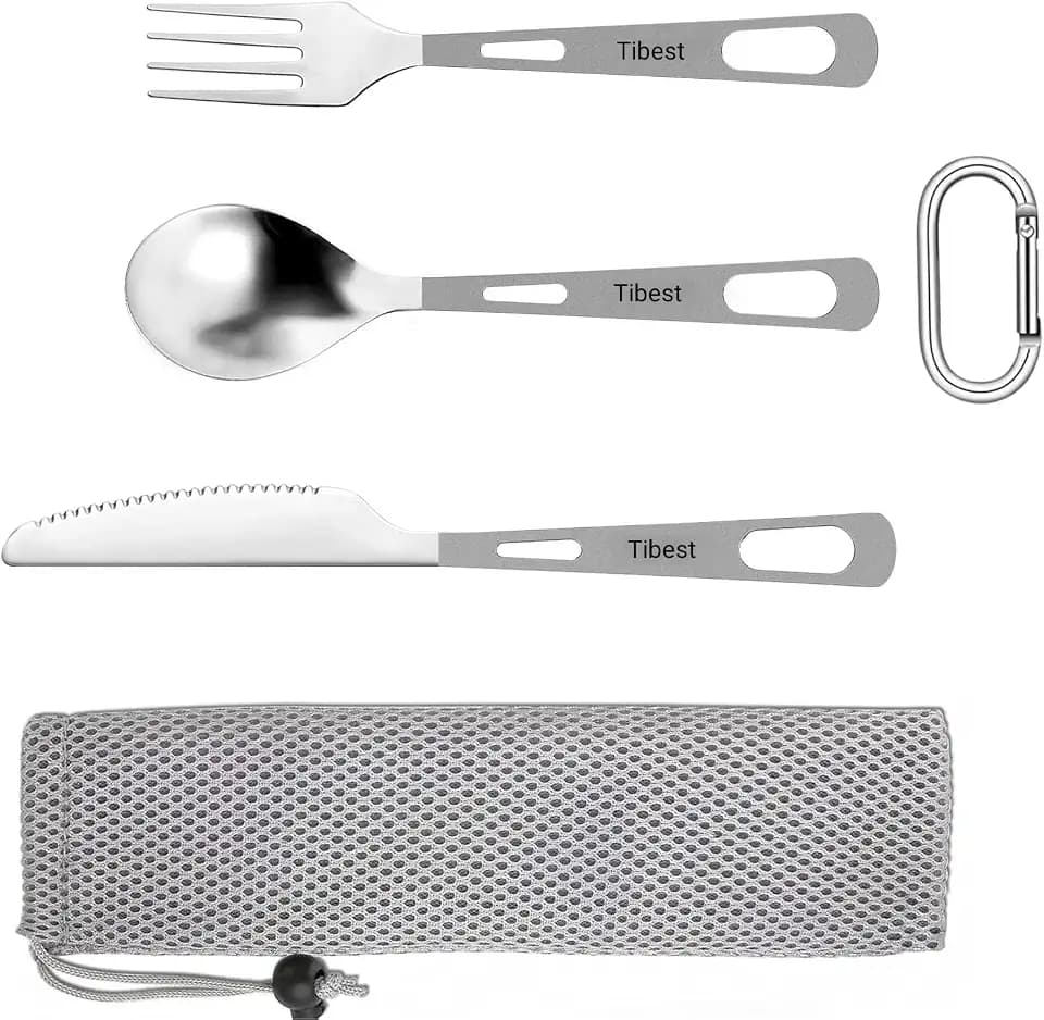 Titanium Utensils Spoon Fork Knife Set Lightweight Ti Camping Cutlery Set with Carrying Bag for Traveling Backpackin Hiking Polished