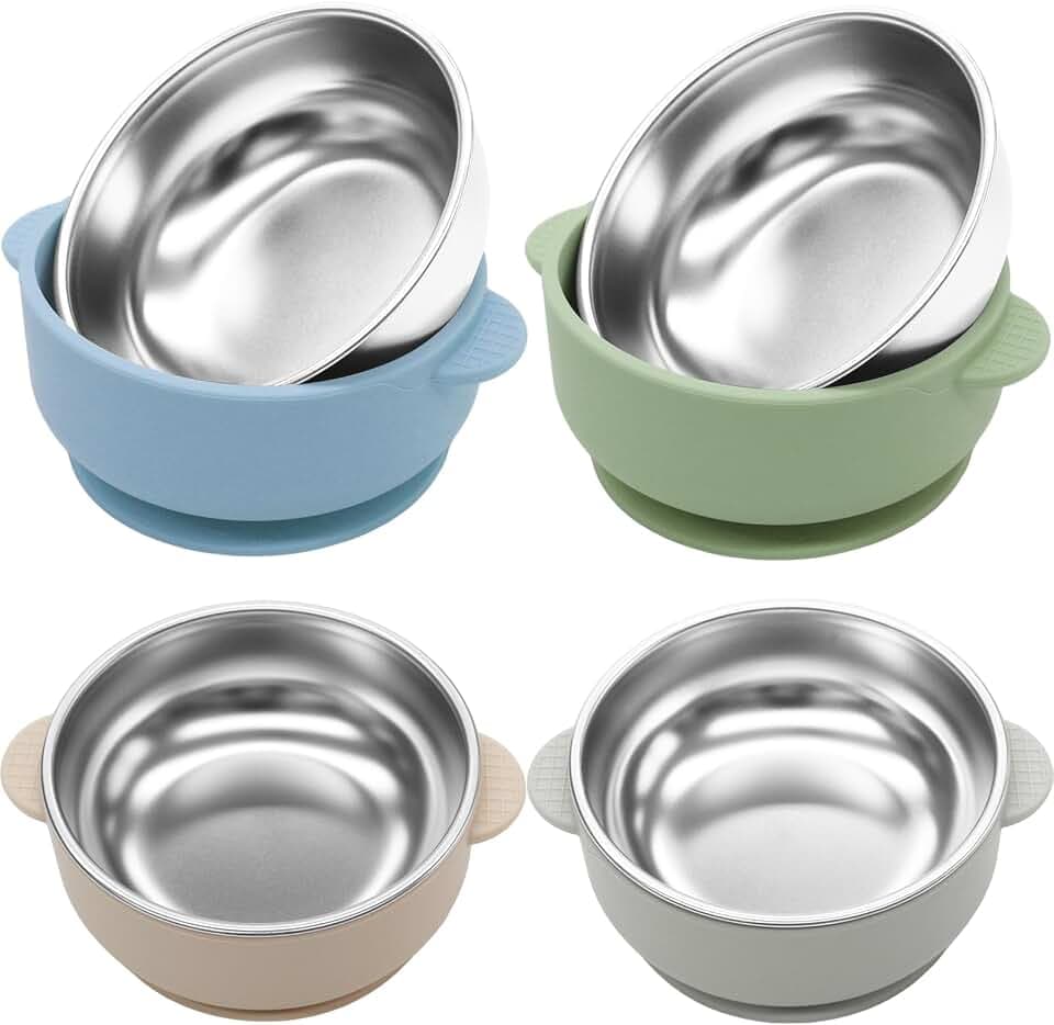 4 Pack Stainless Steel Baby Bowls with Suction 2-in-1