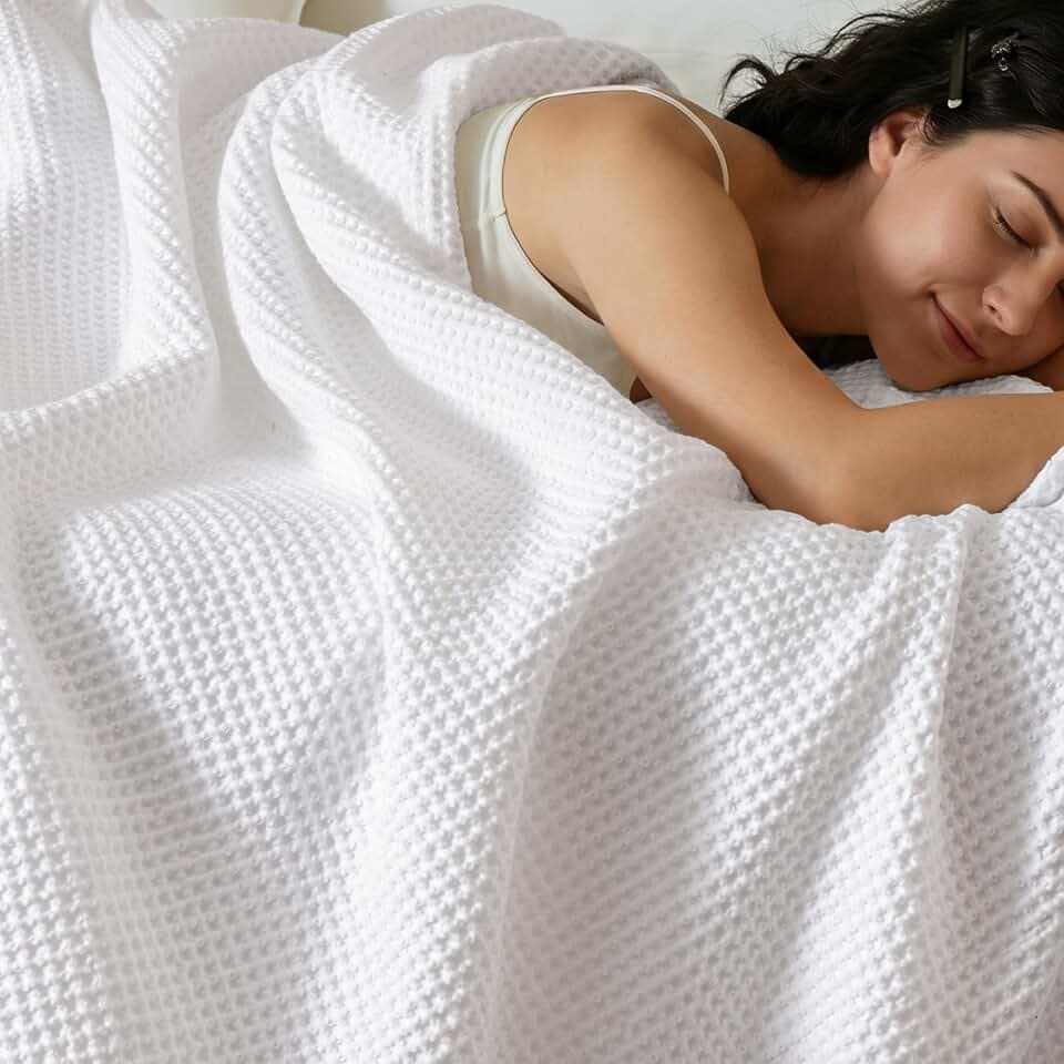 PHF 100% Cotton Waffle Blanket Lightweight Breathable, King Size, White