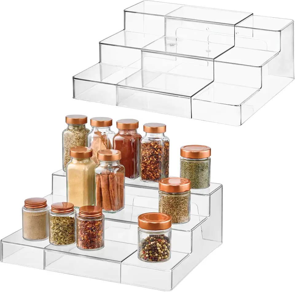 iDesign 3-Tier Expandable Spice Rack Organizer for Cabinet, Pantry, Set of 2, Clear, Made in USA