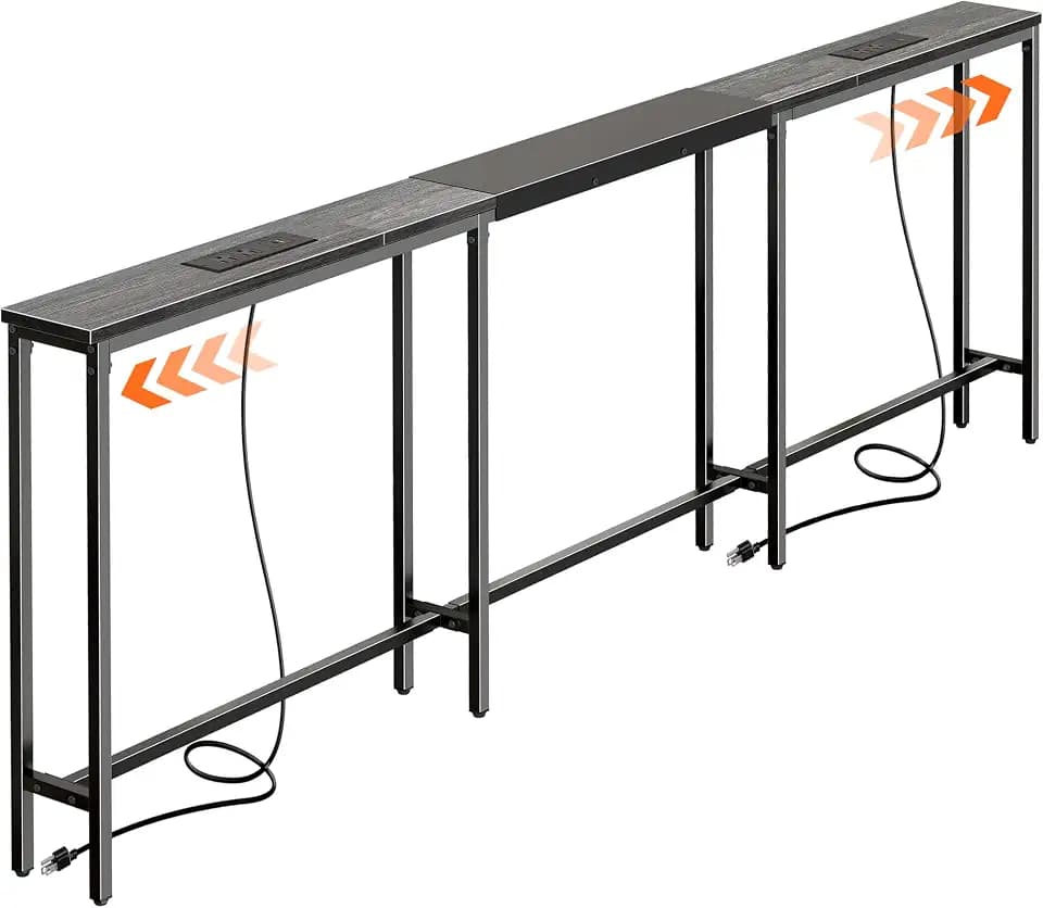 Huuger Narrow Sofa Table with 2 Power Outlets, 86.6-110.2 Inch Adjustable Length, Behind the Couch Table with USB-C Port, Long Entryway Console Table, Anti-tip Kit, for Living Room, Grey