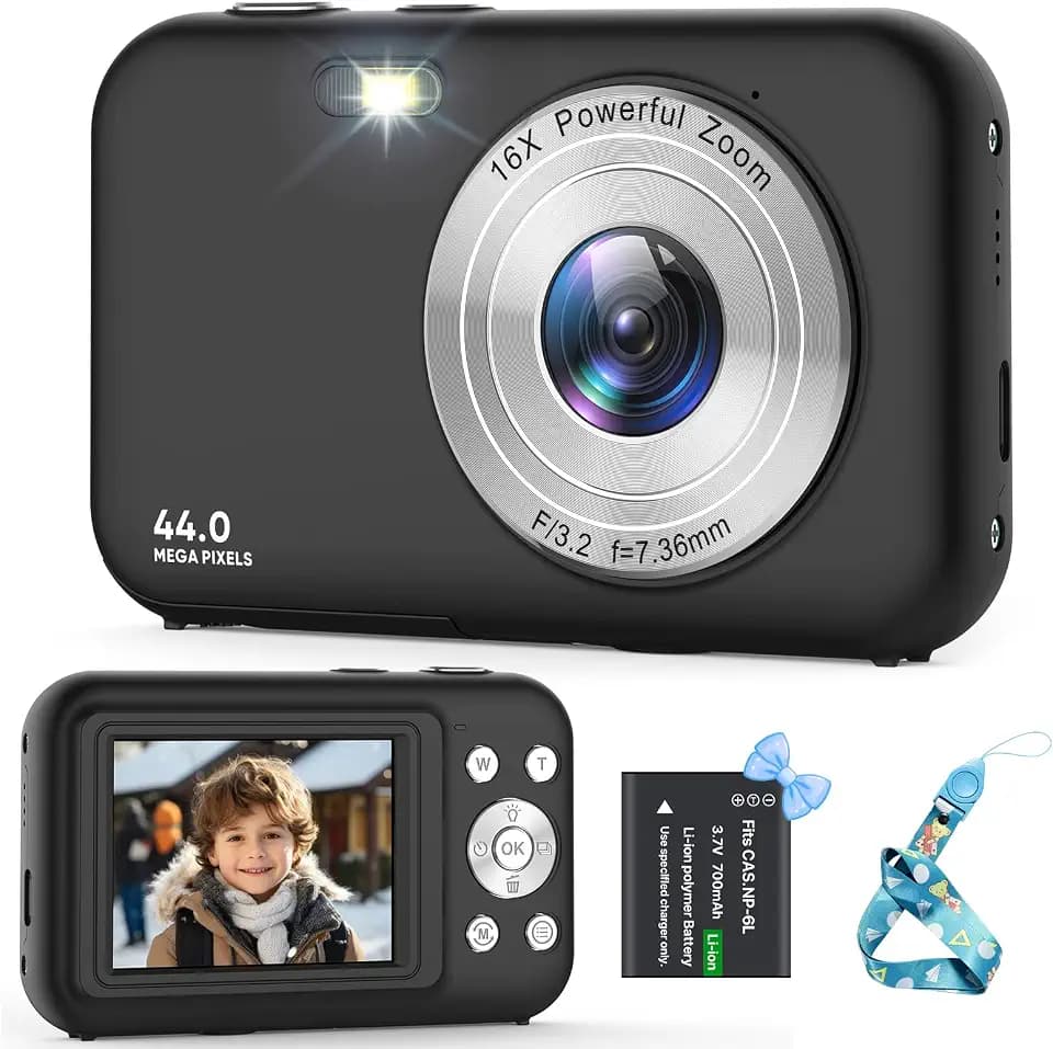 Digitalkamera, Kamera Fotokamera 44MP 1080P HD, Kinderkamera mit 16X Digitalzoom Kompaktkamera, Wiederaufladbare Fotoapparat mit 1 Akku, Kamera für Kinder, Teenager, Anfänger(Schwarz)