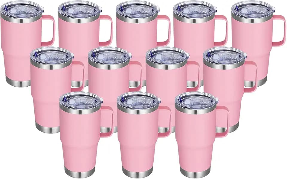 20 oz Stainless Steel Tumbler with Handle Bulk Metal Insulated Tumblers Travel Coffee Mug with Handle Double Wall Tumbler Cup with Lid and Straw, Pink 12 Pack